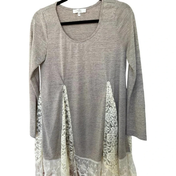 Entro Women's Gray Scoop Neck Sweater with Lace Cutouts and Trim Size Medium - Picture 2 of 5